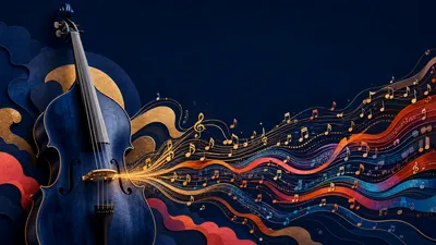 Contrebasse bleu nuit donnant naissance à des ondes et notes musicales colorées, symbole de la transparence sur l’IA musicale