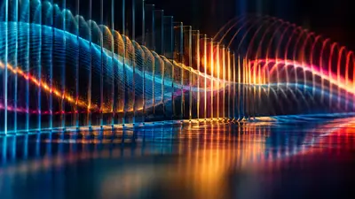 Lignes lumineuses bleues, rouges et dorées dont la régularité se transforme en mouvement organique