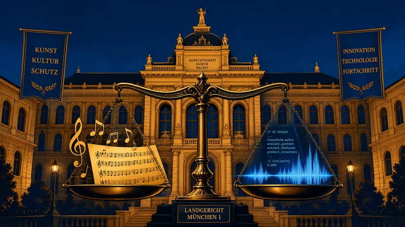Balance de la justice dorée devant le Landgericht München, avec des partitions musicales d'un côté et des ondes sonores numériques de l'autre, symbolisant le procès GEMA contre Suno