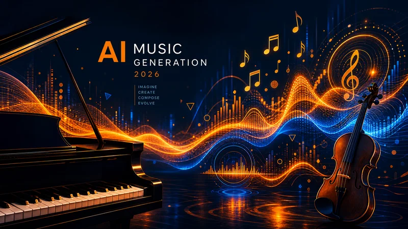 Piano à queue dans un studio professionnel avec des écrans affichant des formes d'ondes audio et des notes de musique dorées flottantes, illustrant la fusion entre musique classique et intelligence artificielle