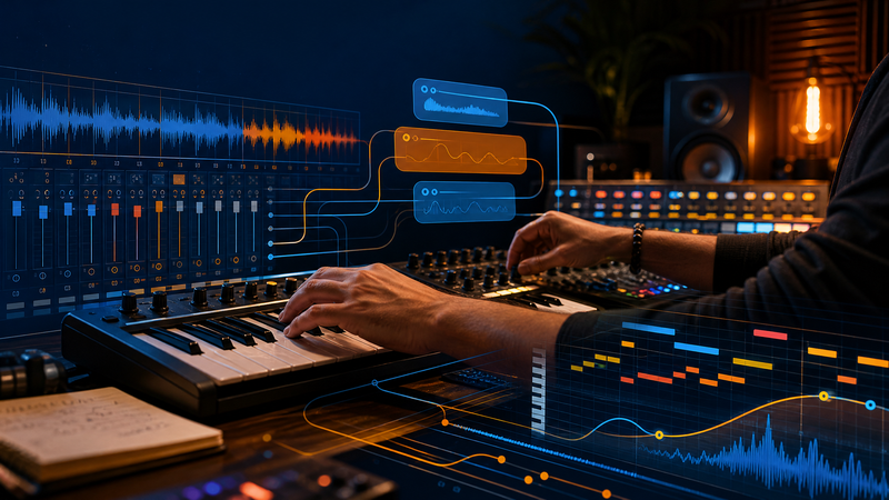Producteur utilisant un clavier MIDI et une console de mixage avec pistes audio, routages et notes de piano roll colorés, illustrant Gopher dans FL Studio 2026