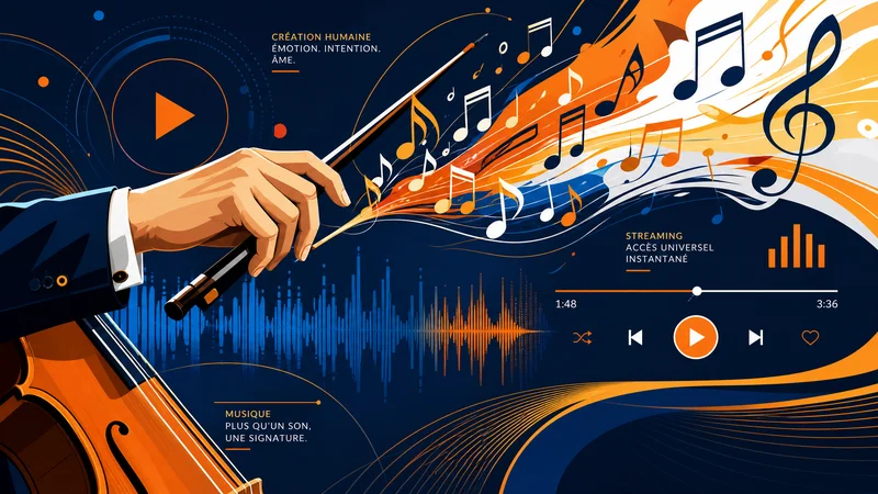 Illustration musicale : baguette de chef d'orchestre et notes de musique face aux interfaces de streaming numérique, symbolisant la tension entre création humaine et IA