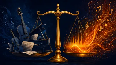 Balance symbolisant l'équilibre entre musique acoustique et IA sur les plateformes de streaming