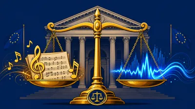 Balance de la justice devant le tribunal de Munich, partitions musicales contre ondes numériques IA