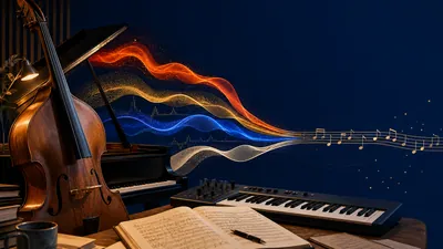 Contrebasse, piano et clavier MIDI dans un studio, reliés par des ondes sonores colorées évoquant un comparatif d’outils d’IA musicale
