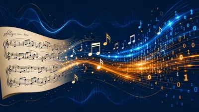 Partition musicale se transformant en données numériques - transcription musicale par IA