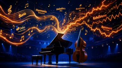 Scène de concert avec piano et contrebasse, ondes sonores dorées et orangées s'affrontant — guerre des plateformes IA musicales 2026