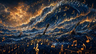 Vague de notes de musique et d'ondes sonores numériques submergant des instruments humains — invasion de la musique IA sur le streaming