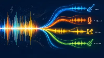 Ondes sonores colorées se divisant en pistes instrumentales séparées — séparation de stems par IA