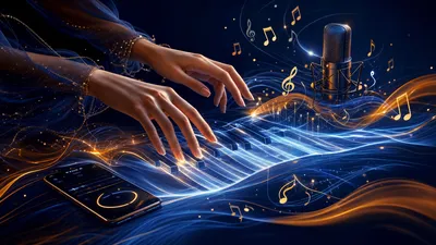 Mains jouant sur un piano lumineux avec des notes de musique, tutoriel Eleven Music génération musicale IA