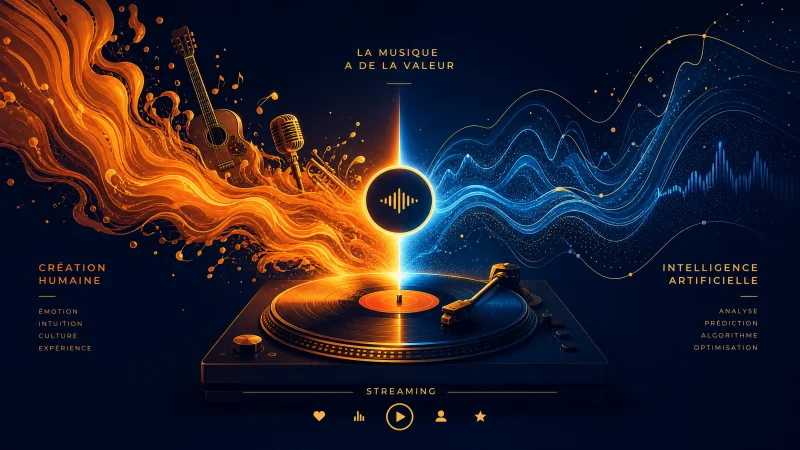 Tourne-disque avec deux flux d'ondes sonores — orange pour la création humaine, bleu électrique pour l'IA — symbolisant la tension entre authenticité et génération synthétique
